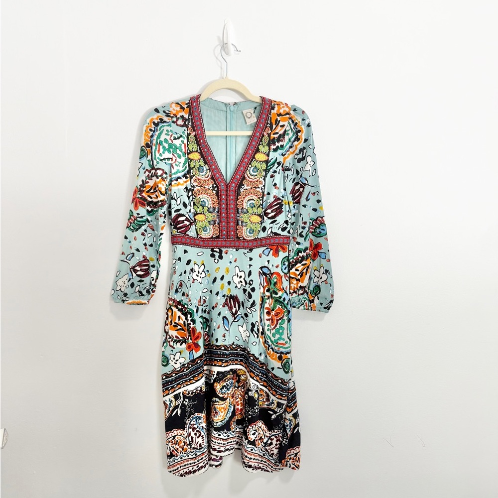 Anthropology Akemi + Kin Boho Blue Floral Beaded V-Neck Long Sleeve Dress